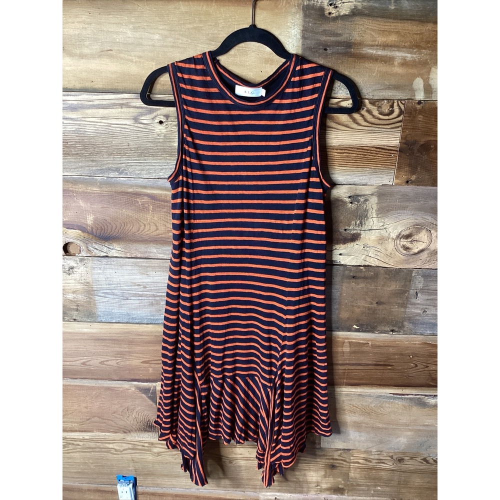 A.L.C Dress Womens Small Stripe Midi Linen Sleeveless Stretch Shark Bite Hem